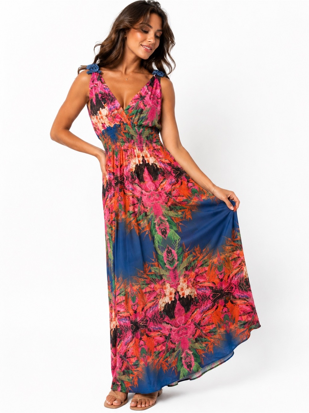 Korean Floral Lace Back Maxi Dress Stretch Waist Medium Fit